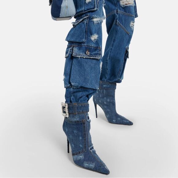 DOLCE & GABBANA Patchwork denim ankle boots with rhinestone buckle - Picture 3 of 16